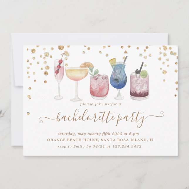 Bubbly Cocktails Gold Glitter Bachelorette Party Invitation (Front)
