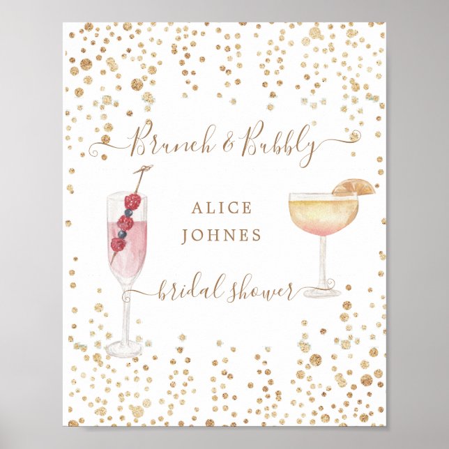 bubbly cocktails gold glitter bridal brunch poster (Front)