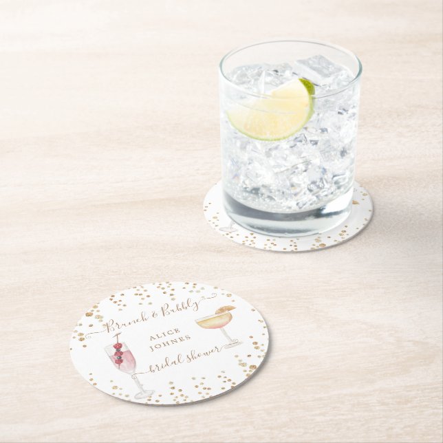 bubbly cocktails gold glitter bridal brunch round paper coaster (Insitu)