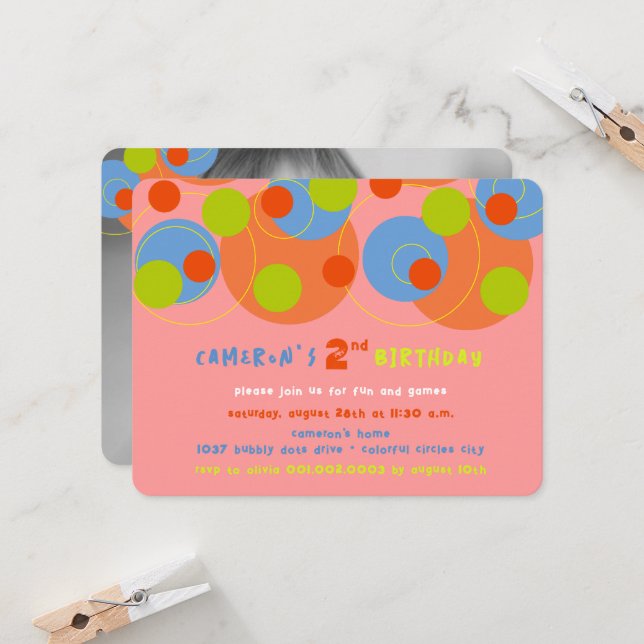 Bubbly Colourful Dots Kid Photo Girl Birthday Part Invitation (Front/Back In Situ)