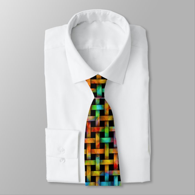 Bubbly Colours Wood Weave Pattern on Black Tie (Tied)