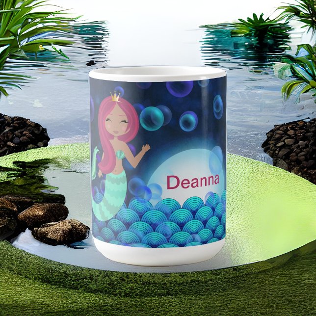 Bubbly Mermaid in Green and Blue in Moonlit Ocean Coffee Mug (Creator Uploaded)