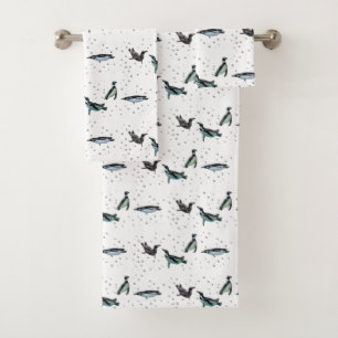 Bubbly Penguins Bathroom Towel Set (choose colour)