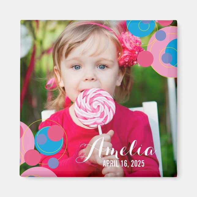 Bubbly Pink & Blue Polka Dots Kids Birthday Photo Magnet (Front)
