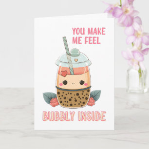 Bubbly Pink Boba bubble tea cup cute Valentines  Card