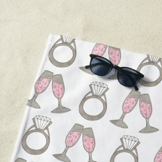 Bubbly Pink Champagne Diamond Ring Personalised Beach Towel (In Situ)
