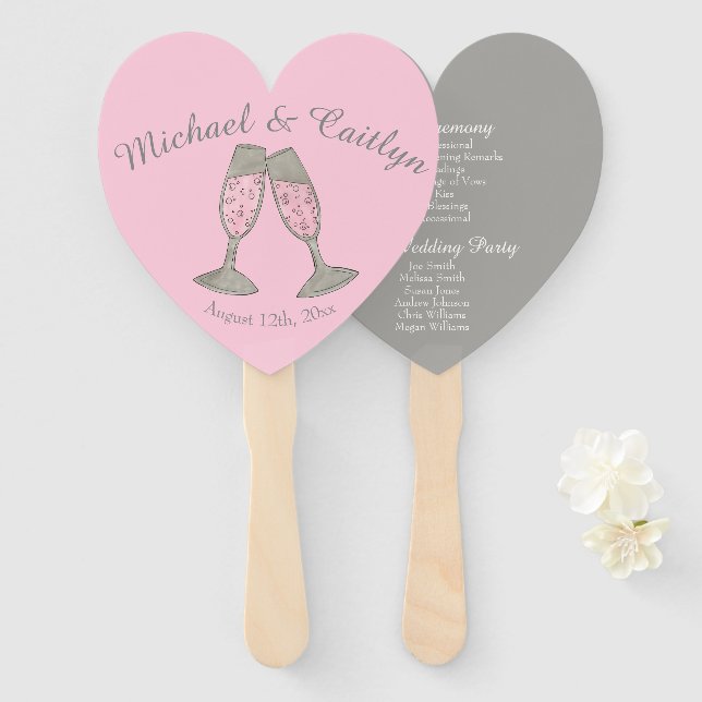 Bubbly Pink Champagne Toast Cheers Wedding Program Hand Fan (Front and Back)