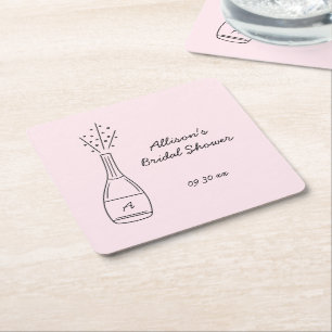 Bubbly Popping Champagne Bottle Bridal Shower Square Paper Coaster