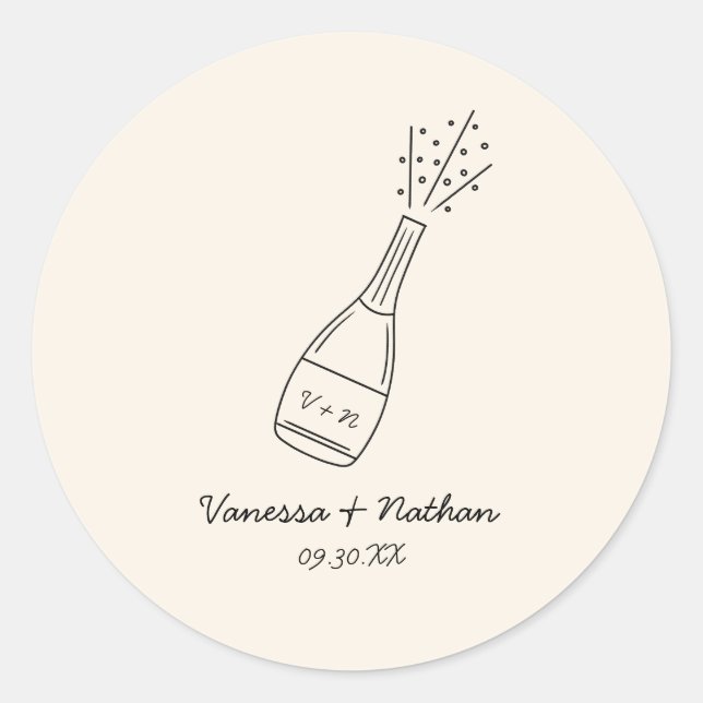 Bubbly Popping Champagne Bottle Whimsical Wedding Classic Round Sticker (Front)