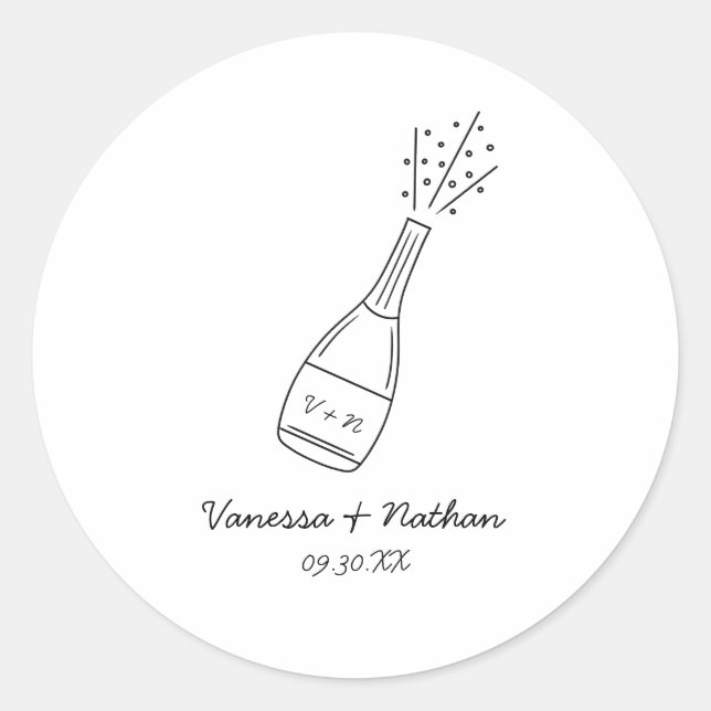 Bubbly Popping Champagne Bottle Whimsical Wedding Classic Round Sticker (Front)