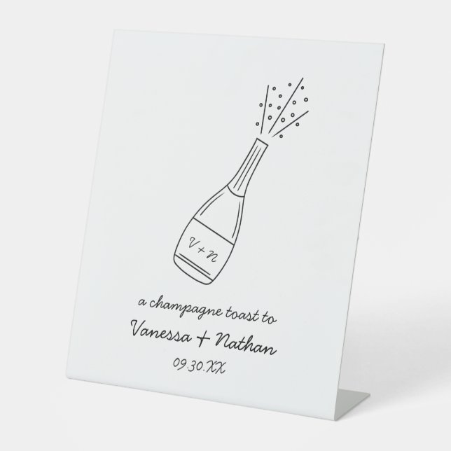Bubbly Popping Champagne Bottle Whimsical Wedding Pedestal Sign (Front)