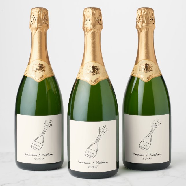 Bubbly Popping Champagne Bottle Whimsical Wedding Sparkling Wine Label (Bottles)