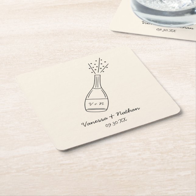 Bubbly Popping Champagne Bottle Whimsical Wedding Square Paper Coaster (Angled)
