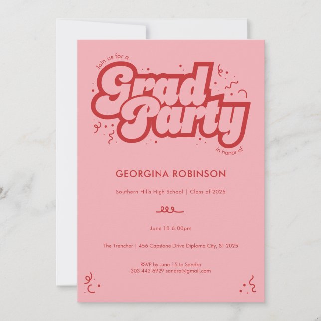 Bubbly Type Grad Party Invitation - Cherry (Front)