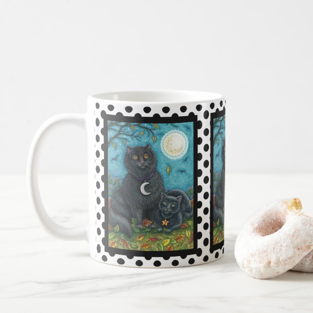 BUBO AND PYEWACKET BLACK CAT HALLOWEEN MUG Dots (With Donut)