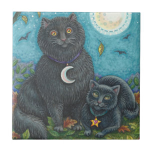 BUBO & PYEWACKET BLACK CATS, HALLOWEEN FOLK ART TILE