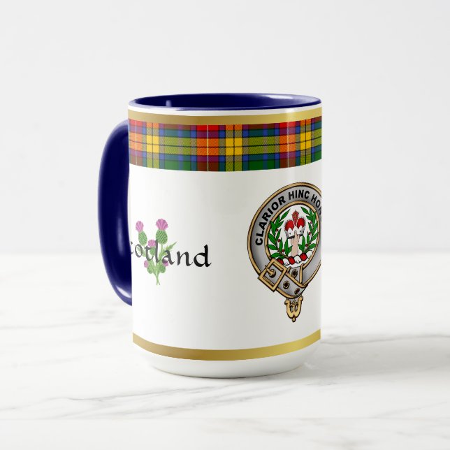 Buchanan Clan Badge Tartan & Motto Mug (Front Left)
