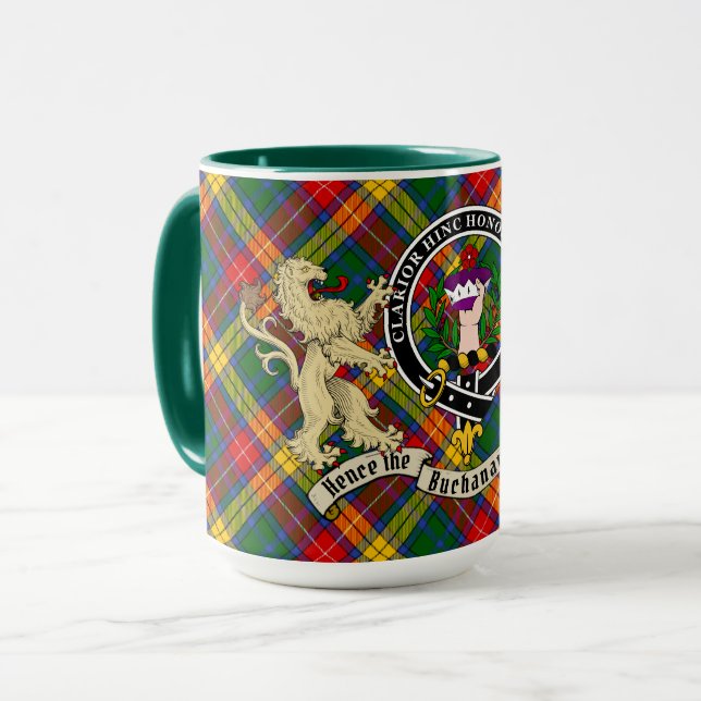 Buchanan Clan Badge & Tartan Personalised Mug (Front Left)