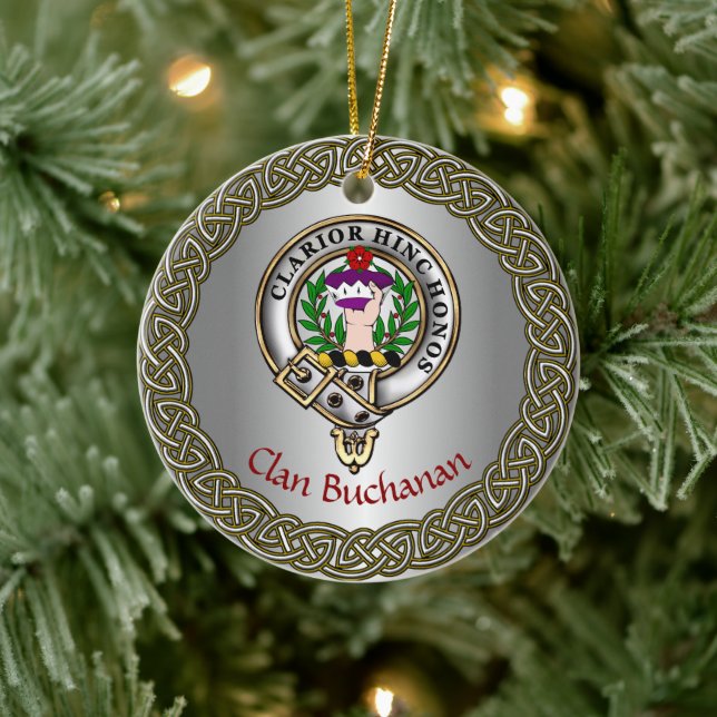 Buchanan Clan Badge & Tartan Thistle Personalised Ceramic Tree Decoration (Tree)