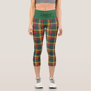 Buchanan Scottish Plaid Red Green Yellow Add Name Capri Leggings