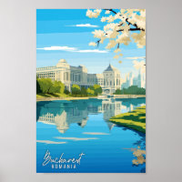 Bucharest Romania Art vintage travel illustration