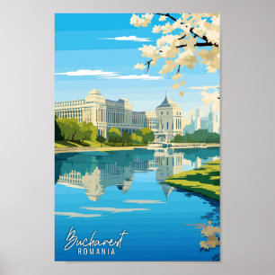 Bucharest Romania Art vintage travel illustration Poster