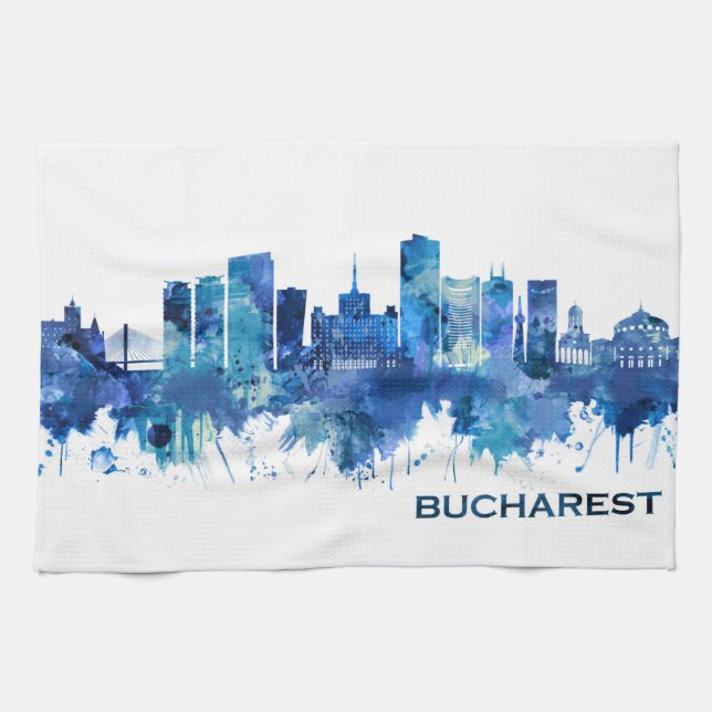 Bucharest Romania Skyline Blue Tea Towel (Horizontal)