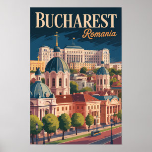 Bucharest Skyline Illustration Travel Art Vintage Poster