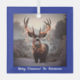 Buck and Christmas Lights Blue Glass Tree Decoration