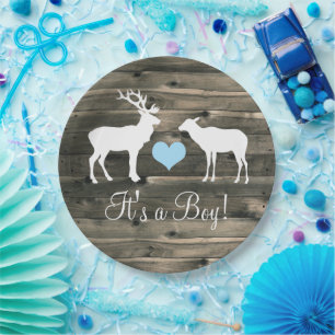 Buck and Doe (blue) Baby Shower Paper Plate