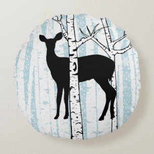 Buck and Doe Deer Birch Forest Round Pillow