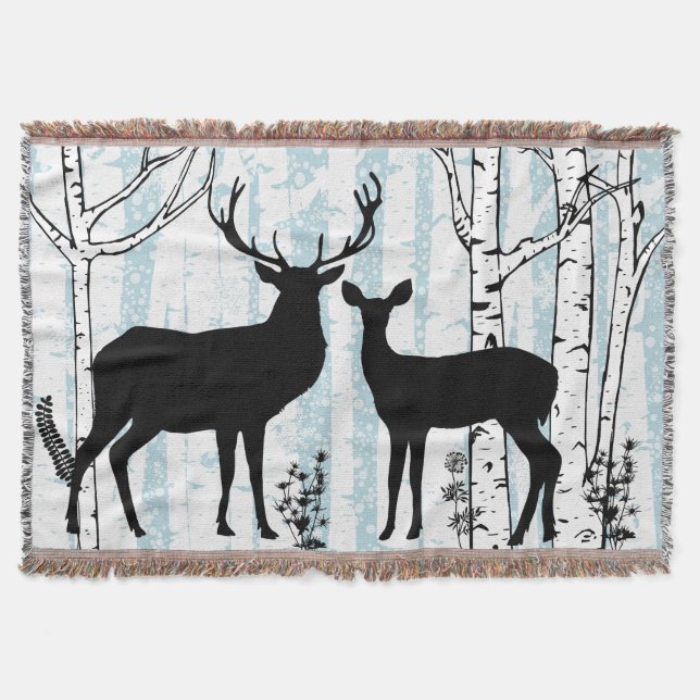 Buck and Doe Deer in Birch Forest Throw Blanket (Front)