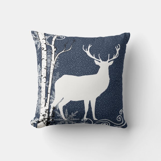 Buck and Doe Deer Winter Birch Forest Throw Pillow (Front)