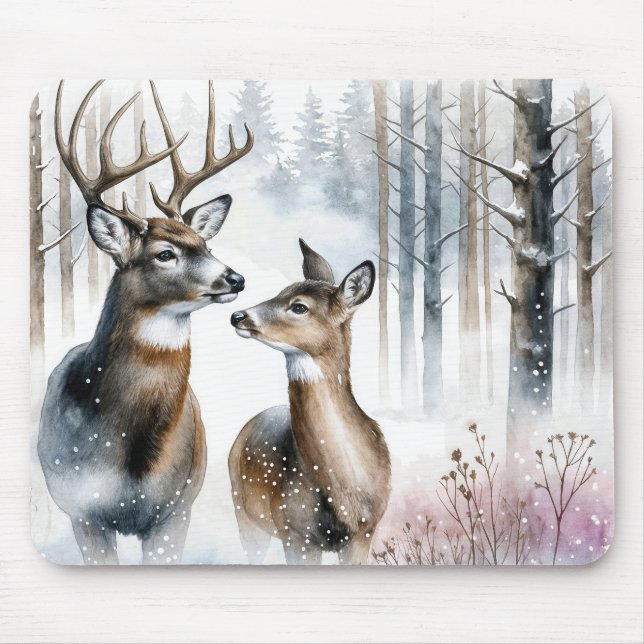 Buck and Doe In Winter Woods Mouse Mat (Front)