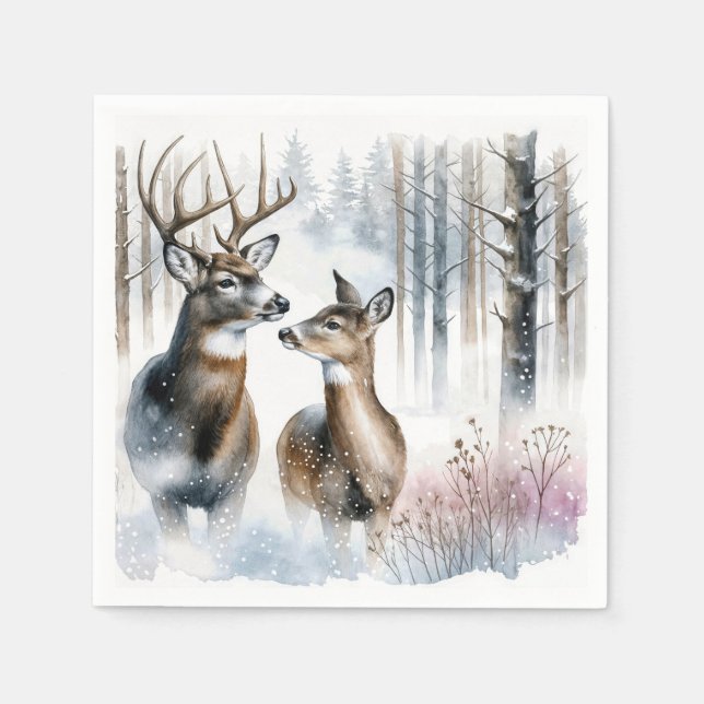Buck and Doe In Winter Woods Napkin (Front)