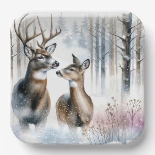 Buck and Doe In Winter Woods Paper Plate