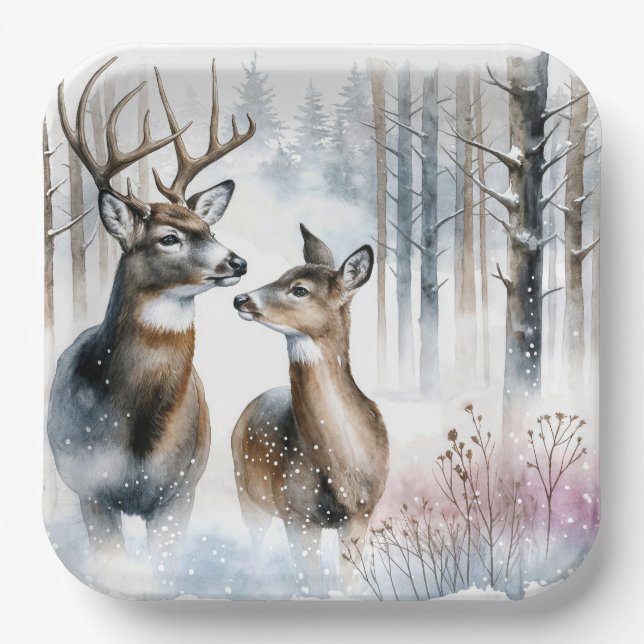 Buck and Doe In Winter Woods Paper Plate (Front)