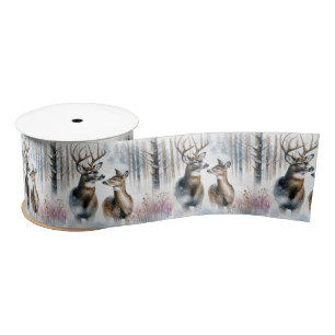 Buck and Doe In Winter Woods Satin Ribbon