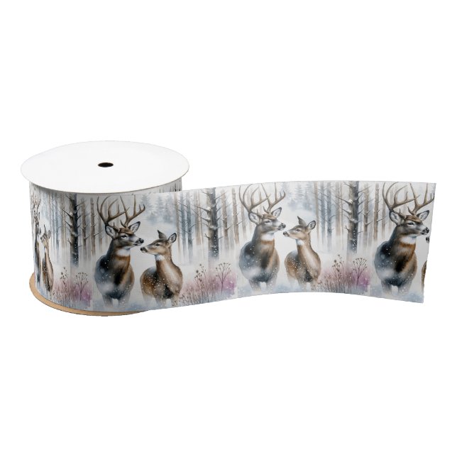 Buck and Doe In Winter Woods Satin Ribbon (Spool)