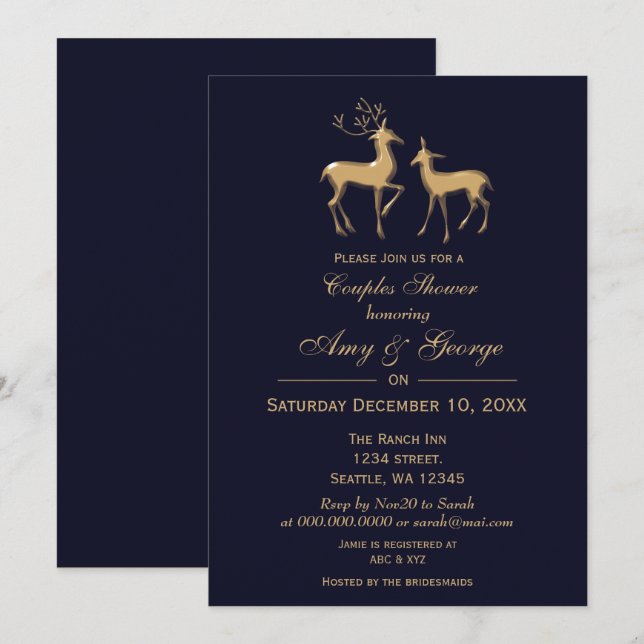 Buck and Doe Navy Gold Winter Couples Shower Invitation (Front/Back)
