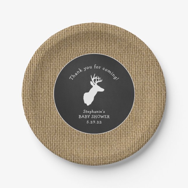 Buck Baby Shower decor, oh deer burlap chalk Paper Plate (Front)