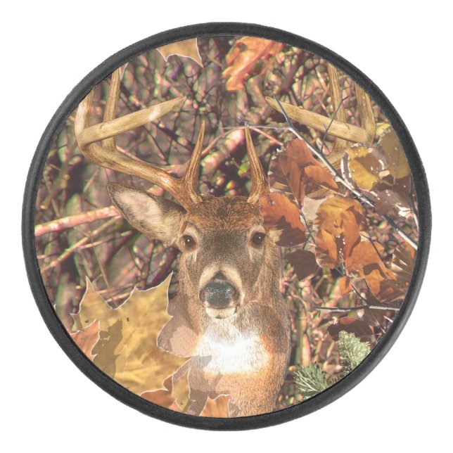 Buck Camouflage White Tail Deer Decor on a Hockey Puck (Front)