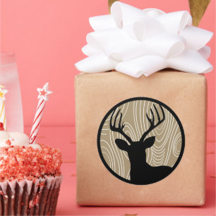 Buck Deer Black Silhouette -Any Colour Wood Grain Classic Round Sticker