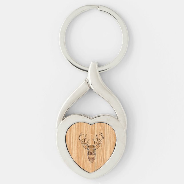 Buck Deer Head Wood Grain Style Decor Key Ring (Front)