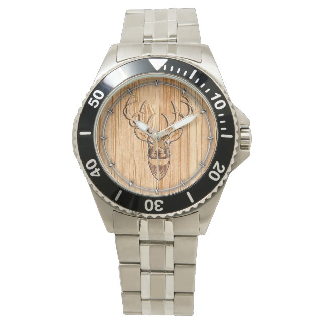 Buck Deer Head Wood Grain Style Watch (Front)