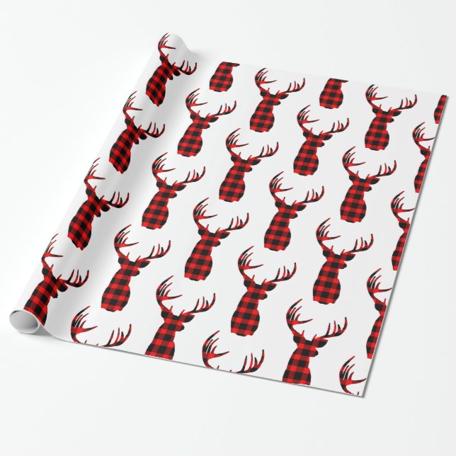 Buck Deer Hunting Red Black Plaid Christmas Wrappi Wrapping Paper (Unrolled)