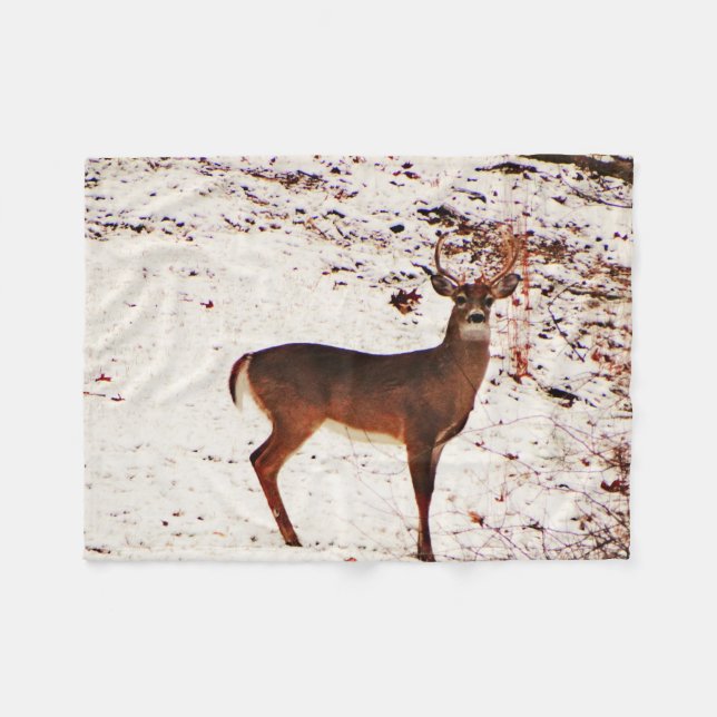 Buck Deer in the Snow Fleece Blanket (Front (Horizontal))