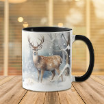 Buck Deer in Winter Forest Snow Mug<br><div class="desc">This mug has a pretty watercolor wrap around scene of a majestic buck deer standing in a winter forest. Snowflakes fall gently around him. Your name or other text is in grey blue at the centre bottom. Pretty for the Christmas Season and all winter,  too.</div>