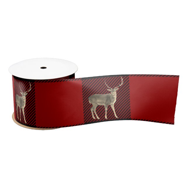 Buck Deer on Buffalo Plaid Satin Ribbon (Spool)