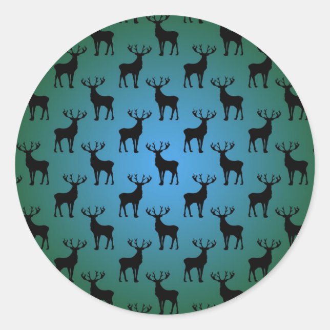Buck Deer Pattern on Blue Green Classic Round Sticker (Front)